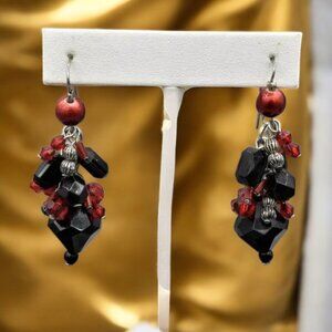 Vintage Earrings Black Red Silver Beaded Dangles
